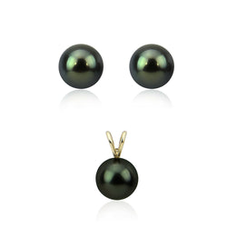 14K Yellow Gold 9.0-10.0mm AAA Quality Round Black Tahitian Cultured Pearl Pendant, Stud Earring Sets