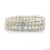 3-Row White A Grade 6.5-7mm Freshwater Cultured Pearl Bracelet, 7.5