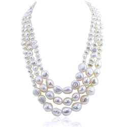 17.5-20 inch 7-13 mm,3 row White Freshwater Cultured Pearl necklace with mother-of-pearl base metal clasp