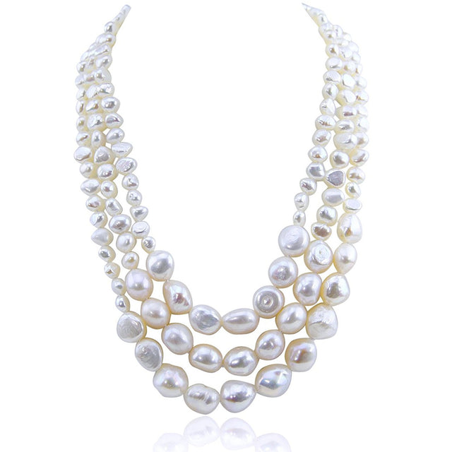 3-Row 7–13mm White Freshwater Cultured Pearl Necklace, 17.5–20", with Mother-of-Pearl Base Metal Clasp