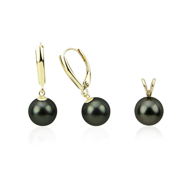 14K Yellow Gold 9.0-10.0mm AAA Round Black Tahitian Cultured Pearl Pendant, Lever Back Earring Sets-01