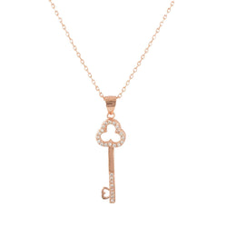 Sterling Silver Cubic Zirconia Pave Sterling Silver Key Pendant With 18" Chain- Rose-gold-flashed silver