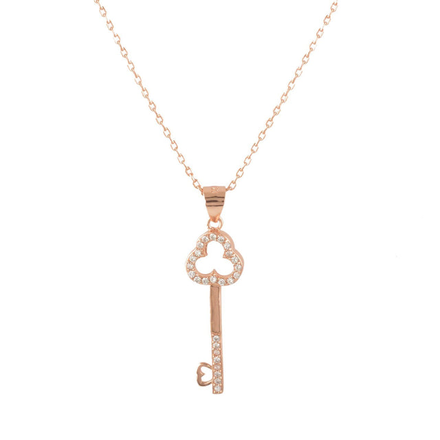 Rose-Gold-Flashed Silver CZ Pavé Key Pendant with 18" Chain