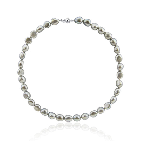 10.0-11.0mm High Luster Grey Baroque Freshwater Cultured Pearl necklace 18" with sterling silver clasp