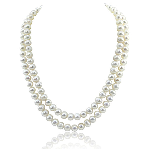 2 Rows 7.5-8.0 mm High Luster White Freshwater Cultured Pearl Necklace 17"-18" with Base Metal Clasp