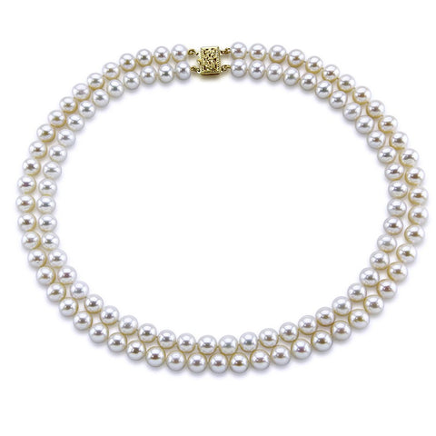 14k Yellow Gold Double Strand 8.0-9.0mm White Freshwater Cultured Pearl Necklace AAA Quality 20 Inches
