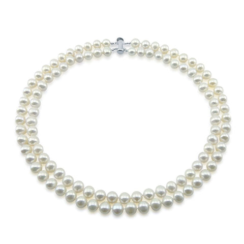 Sterling Silver 2 Rows 8-9mm White Freshwater Cultured Pearl High Luster Necklace 17"-18"
