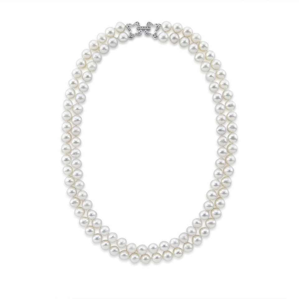 2-Row 7–7.5mm White Freshwater Cultured Pearl Necklace, 17", with Base Metal Rhinestone Clasp
