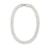 2 Rows 7.0-7.5 mm High Luster White Freshwater Cultured Pearl Necklace 17",Base Metal Rhinestone Clasp