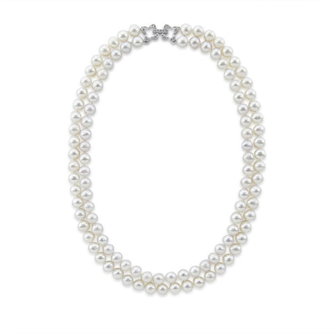 2 Rows 7.0-7.5 mm High Luster White Freshwater Cultured Pearl Necklace 17",Base Metal Rhinestone Clasp
