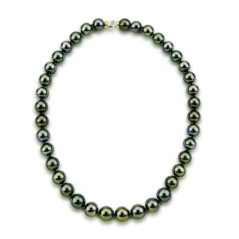 11-12mm Black Tahitian Cultured Pearl Necklace 18 Inches AAA Quality with 14K Yellow and White Gold Clasp
