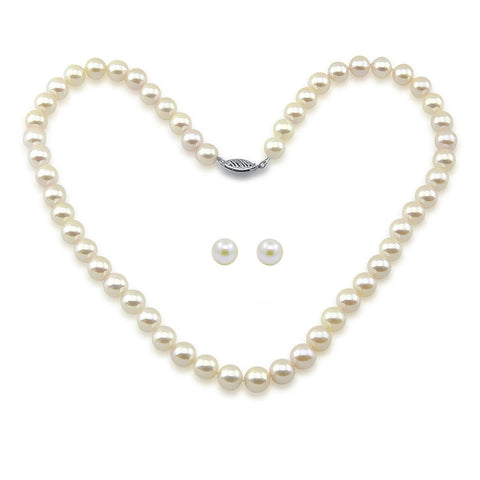 14k White Gold 7.0-7.5mm White Akoya Cultured Pearl High Luster Necklace 18" and Stud Earring Set