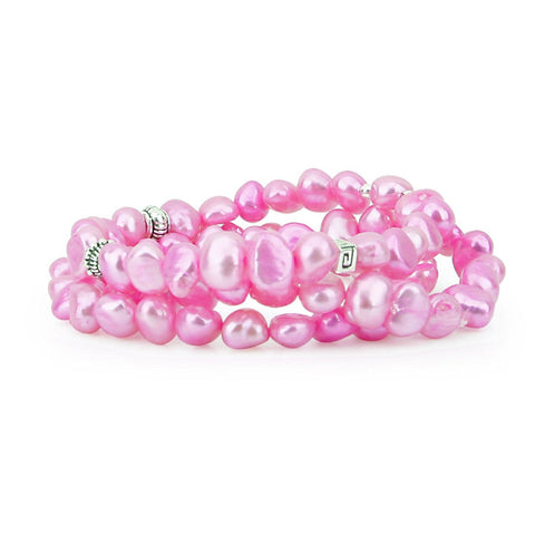 Genuine Freshwater Cultured Pearl 7-8mm Stretch Bracelets with base-metal-beads (Set of 3) 7.5" (Pink)