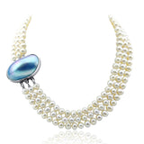 3-row White Freshwater Cultured Pearl Necklace with Shell Clasp (6.5-7.5mm), 17", 18"/19"