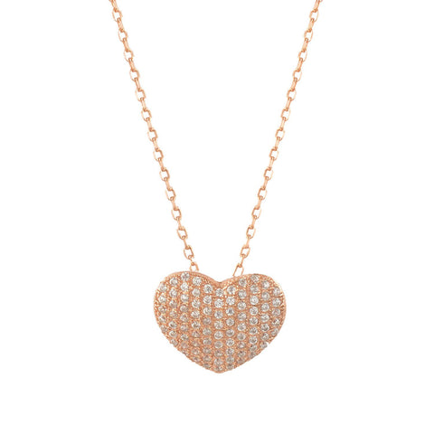 Sterling Silver Cubic Zirconia Pave Heart Necklace 18 Inches- Rose-gold-flashed Silver