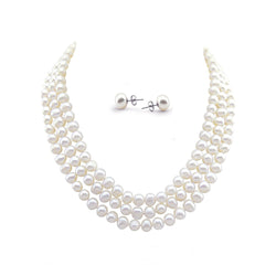 3-row White Freshwater Cultured Pearl Necklace (6.5-7.5mm), 16.5"/17"/18", with Earring set