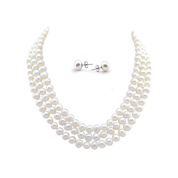 3-Row 6.5–7.5mm White Freshwater Pearl Necklace & Earrings Set