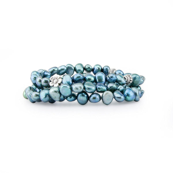 Genuine Freshwater Cultured Pearl 7-8mm Stretch Bracelets with base-metal-beads (Set of 3) 7.5" (blue)