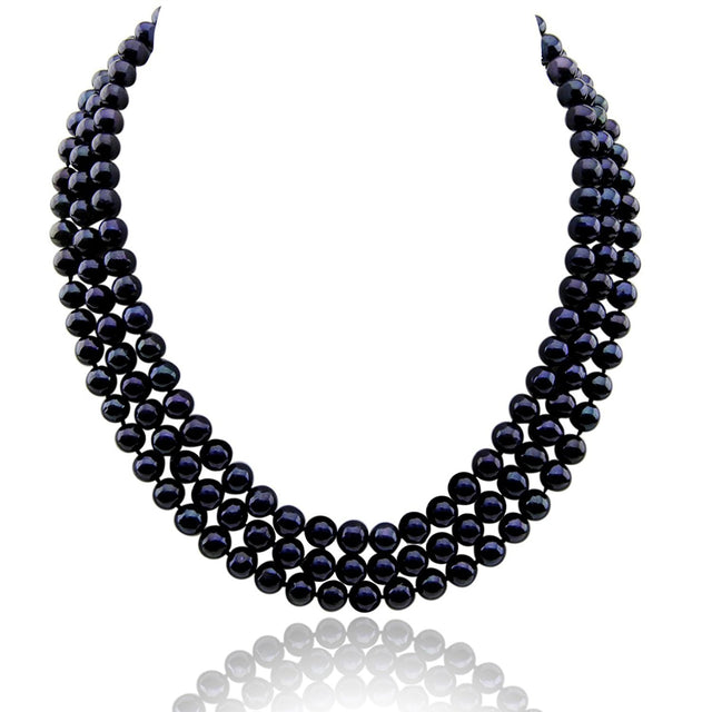 3-Row 6.5–7.5mm Black Freshwater Cultured Pearl Necklace, 16.5", 17", 18", with Base-Metal Clasp