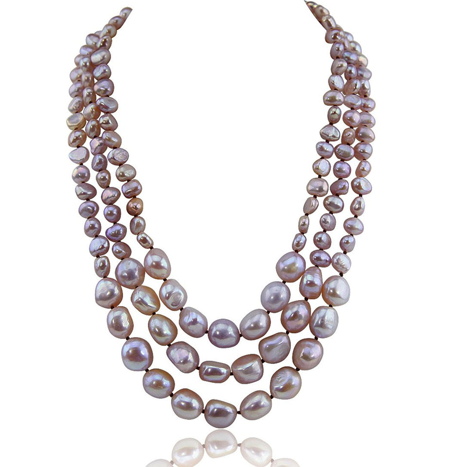 3-Row 7–13mm Lavender Freshwater Cultured Pearl Necklace, 17.5–20", with Mother-of-Pearl Base Metal Clasp
