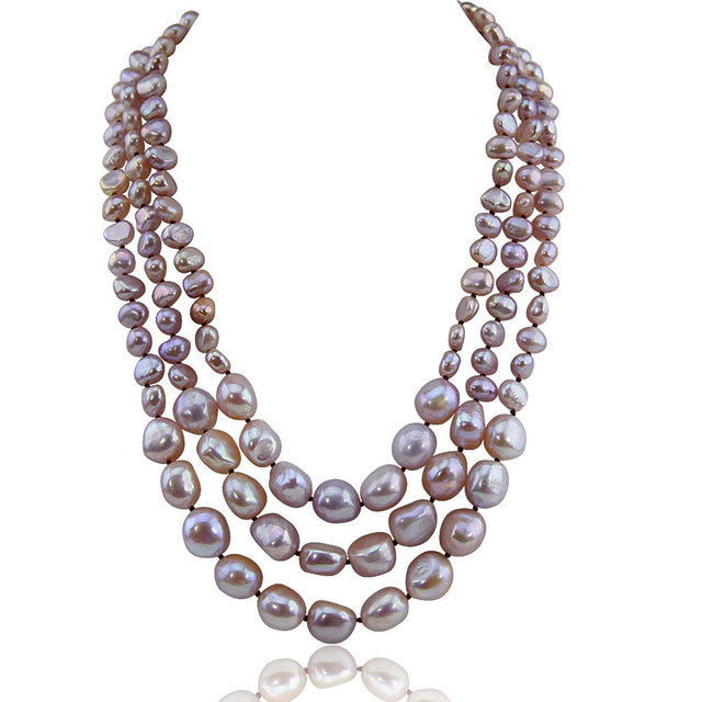 3-Row 7–13mm Lavender Freshwater Cultured Pearl Necklace, 17.5–20", with Mother-of-Pearl Base Metal Clasp
