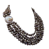 5 row High Luster Dark-Chocolate-Brown Freshwater Cultured Pearl necklace mother-of-pearl base metal clasp
