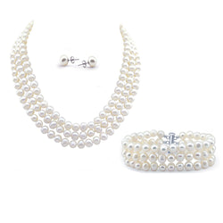 3-row White A Grade Freshwater Cultured Pearl Necklace (6.5-7.5mm), 16.5", 17"/18" and Bracelet 7.5" and Earring Sets