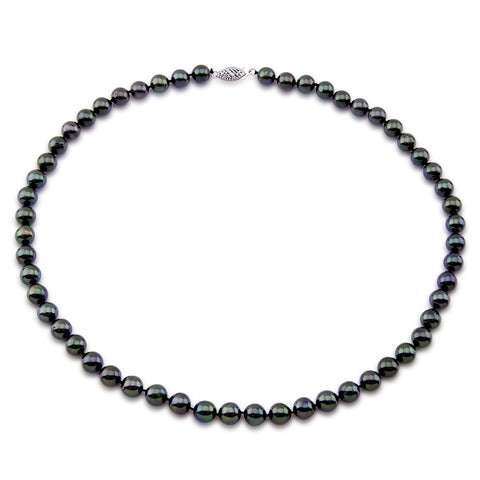 14k White Gold 7.0-7.5mm Black Akoya Cultured Pearl Necklace AAA Quality, 18 Inch Princess Length