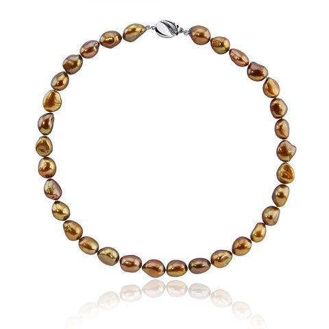 10.0-11.0mm High Luster Brown Baroque Freshwater Cultured Pearl necklace 20" with base metal clasp