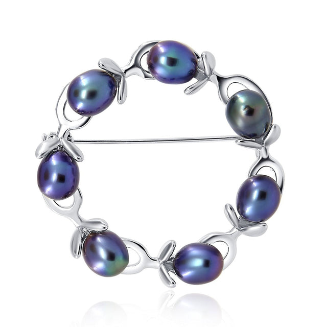 Black Olive Branch Freshwater Cultured Pearl Brooch with Rhodium-Plated Base Metal Setting