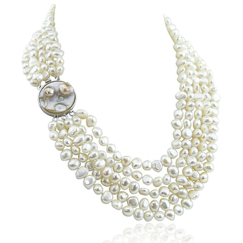 16-22 inch-7-8 mm 5 row White Freshwater Cultured Pearl necklace with mother-of-pearl base metal clasp