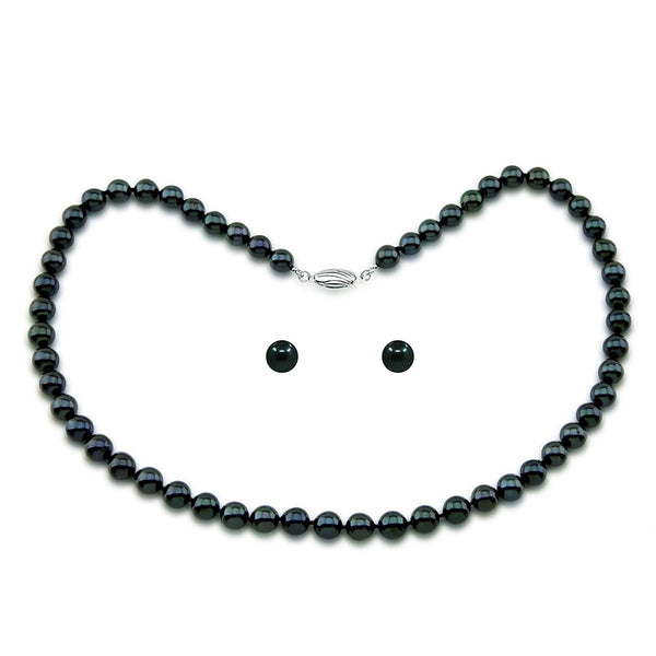 Sterling silver 7.0-7.5mm Black Akoya Cultured Pearl High Luster Necklace 18 Inches with Earring Sets