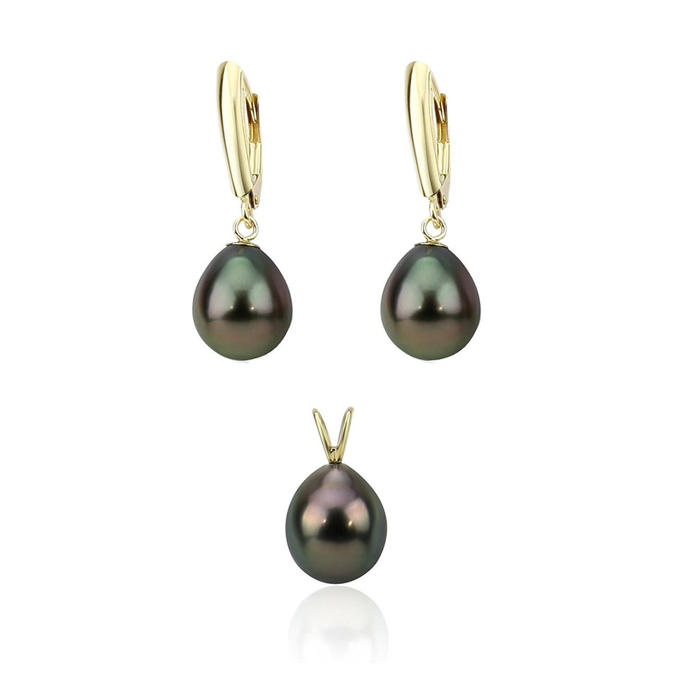 14K Yellow Gold 8–9mm Pear-Shaped Black Tahitian Cultured Pearl Pendant and Leverback Earring Set