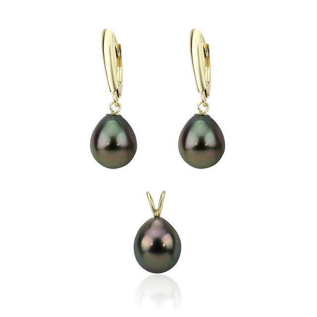 14K Yellow Gold 8–9mm Pear-Shaped Black Tahitian Cultured Pearl Pendant and Leverback Earring Set