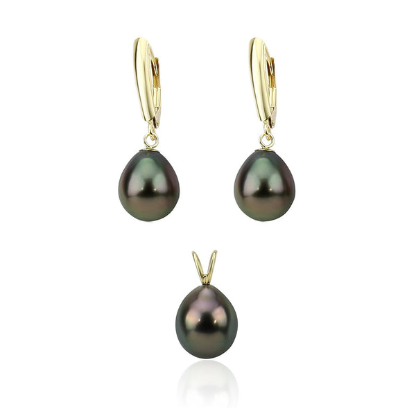 14K Yellow Gold 9.0-10.0mm Pear Black Tahitian Cultured Pearl Pendant and Lever Back Earring Sets-03