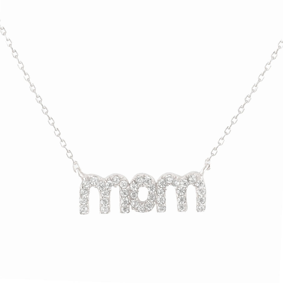 Sterling Silver CZ Pavé MOM Pendant with 18" Chain