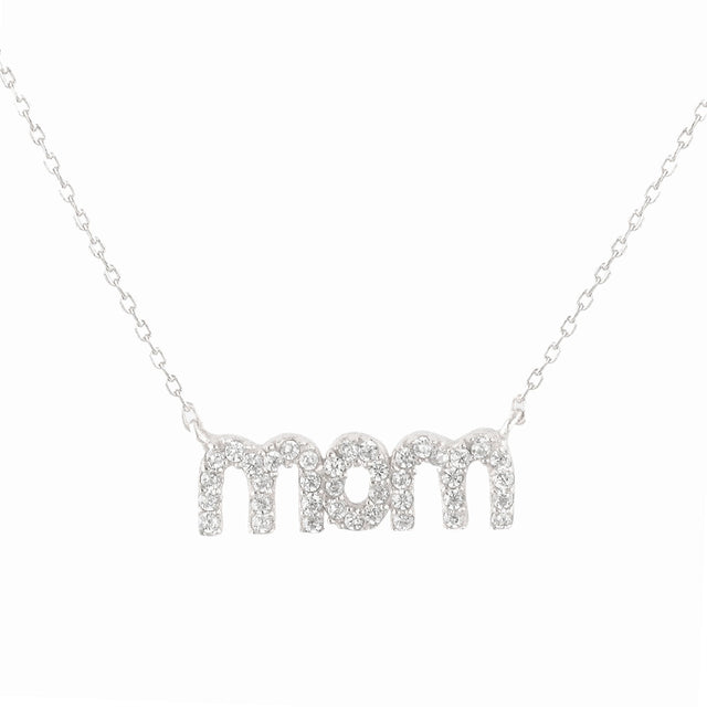 Sterling Silver CZ Pavé MOM Pendant with 18" Chain