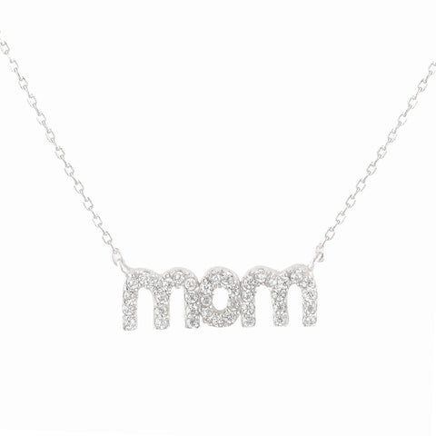 Sterling Silver Cubic Zirconia Pave Sterling Silver MOM Pendant With 18" Chain