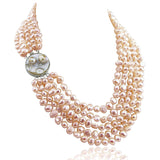 16-22 inch-7-8mm, 5 Row Baroque Freshwater Cultured Pearl Necklace Mother of Pearl metal clasp (Pink)