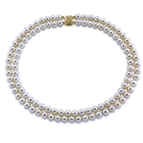 14k Gold Double Strand 8.0-9.0mm White Freshwater Cultured Pearl Necklace AAA Quality 17 Inches