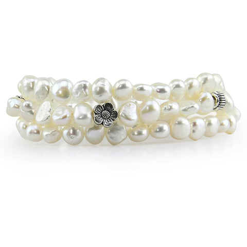 Genuine Freshwater Cultured Pearl 7-8mm Stretch Bracelets with base beads (Set of 3) 7.5" (White)