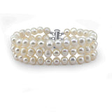 3-Row White A Grade 6.5-7mm Freshwater Cultured Pearl Bracelet with base metal clasp, 8"