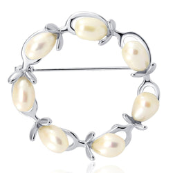 Olive Branches Freshwater Cultured Pearl brooch -White (rhodium plated base metal setting)