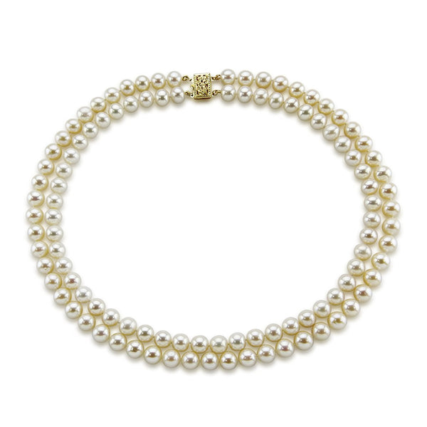 14k Yellow Gold Double Strand 8.0-9.0mm White Freshwater Cultured Pearl Necklace AAA Quality 20 Inches