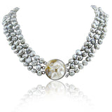17.5-20 Inch 7-13 mm 3 row Grey Freshwater Cultured Pearl necklace with mother-of-pearl base metal clasp