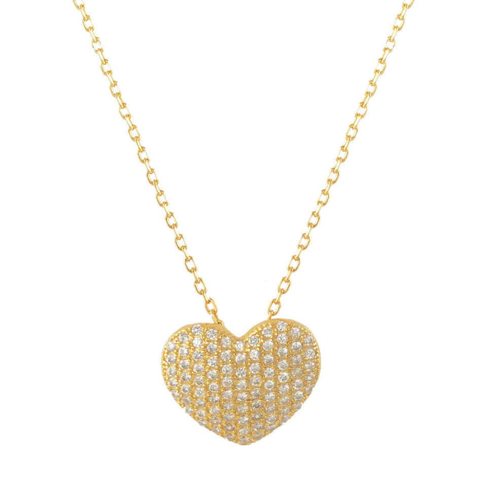 Yellow-Gold-Flashed Sterling Silver Cubic Zirconia Pave Heart Necklace, 18"