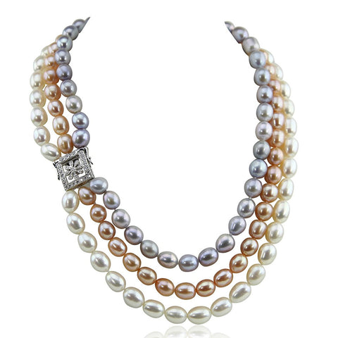 3 Row 8.0-9.0 mm Ultra Luster Multi Color Oval Freshwater Cultured Pearl necklace 17/18/20" Base clasp