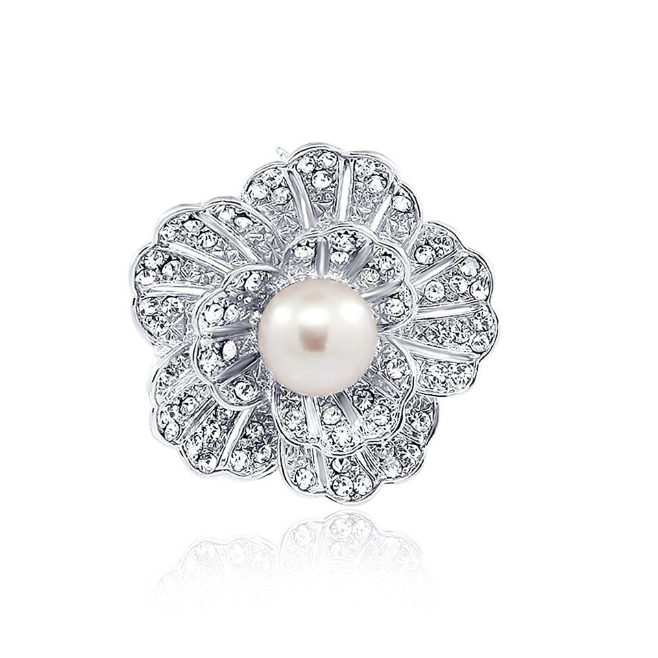 Lavender Freshwater Pearl Flower Brooch with Rhinestones