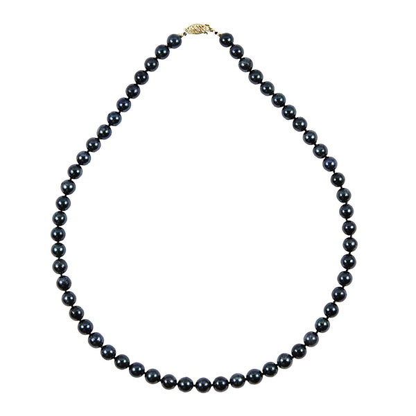 14k Yellow Gold 7-8 mm Black Akoya Cultured Pearl High Luster Necklace 18" Length, AAA Quality.