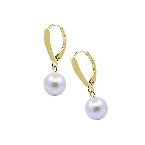 14k Yellow Gold 8.5-9.0mm High Luster White Freshwater Cultured Pearl Lever back Earring.